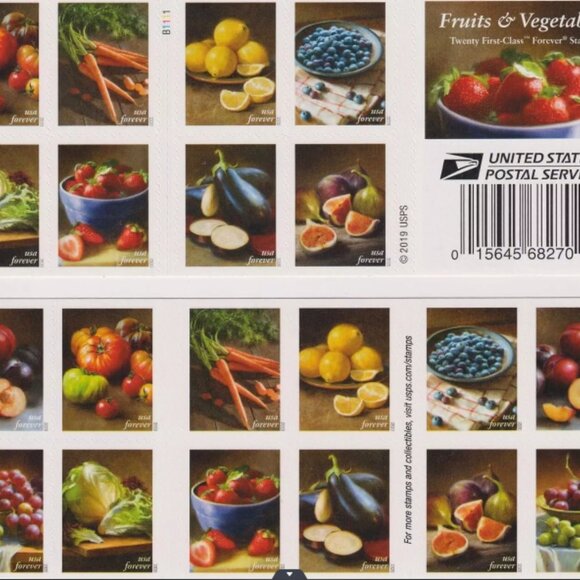 2020 USPS Fruits and Vegetables Forever Stamps 50 Booklet of 1000 - Picture 3 of 6